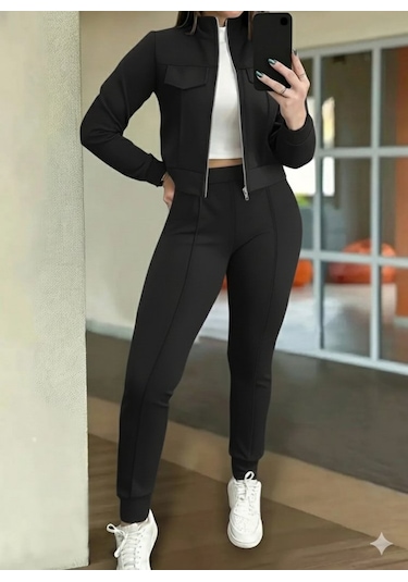 S-pazarım Kadın Uzun Kollu Önden Fermuarlı Kısa Modal Ceket Ve Pantolon Ikili Takım Siyah