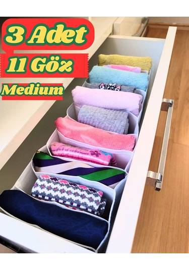 3 Adet 11 Gözlü Çekmece İçi Organizer & Düzenleyici Cepli Çamaşır Beyaz