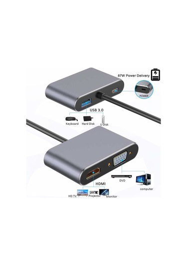 Speeduf Type-c 4 In 1 4k Hdmı Vga Usb 3.0 Type-c Şarj Girişli