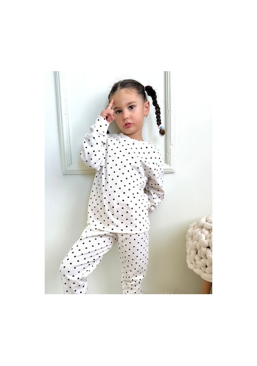 Kız Çocuk Fitilli Kumaş Polkadot / Puantiyeli Pijama Takımı Esnek Kumaş Yeni Sezon Beyaz