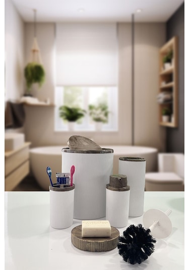 Biltaş Plastik Auaro 5 Parça Beyaz Çizgili Kahverengi Akrilik Desenli Yuvarlak 5'li Banyo Seti Beyaz