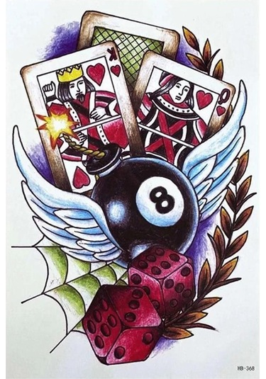 Geçici Kart ve Bilardo Topu Tatto Geçici Dövme - Renkli Çok Renkli