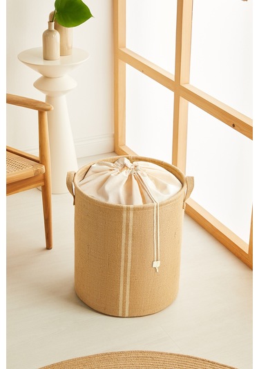 Ocean Home Textile Ağzı Büzgülü Çizgili Jüt Çamaşır Sepeti 36 x 40 cm