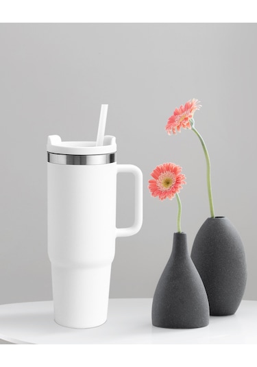 Beyaz Paslanmaz Çelik Termos Pipetli 1200ml Beyaz