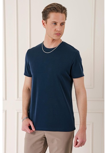 Slim Fit Bisiklet Yaka Pamuklu Lacivert Tişört Ts 880 Lacivert