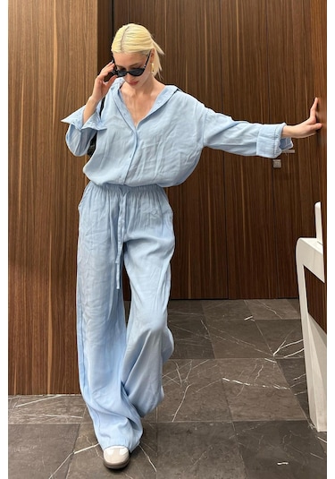 Madmext Mavi Basic Kadın Gömlek Pantolon İkili Takım Mg2352 Mavi