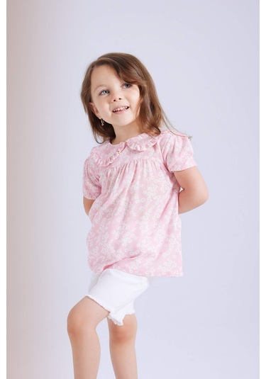 DeFacto Kız Bebek Büyük Yaka Krinkıl Viskon Çiçekli Kısa Kollu Bluz C3761A524SMPN167 Pembe