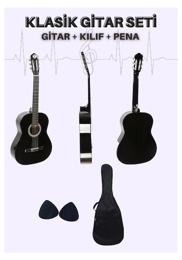 Segah 4 - 4 Tam Boy Siyah Klasik Solak Gitar Kılıf Pena Seti