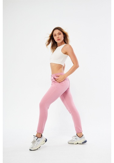 Lesa Wear Yüksel Bel Jogger Şardonlu Eşofman Altı Paçası Lastikli Pembe