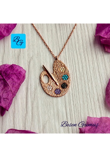 Rose Renkli Taşlı Resim Paleti Kolye Rose - Gold -  Gümüş