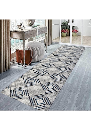 Mavi Gri Kaymaz Tabanlı Kesme Yolluk Koridor Mutfak Salon Halısı 5008 Mavi