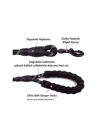 Modaliz Reflektörlü Köpek Gezdirme İpi Siyah 130 CM Siyah