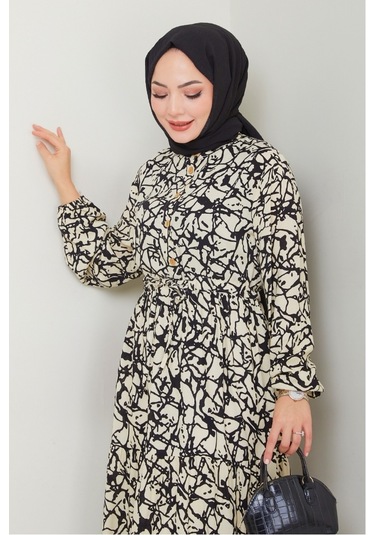 Sevil Yarım Düğmeli Dokuma Viskon Elbise 1504 - Ekru Ekru