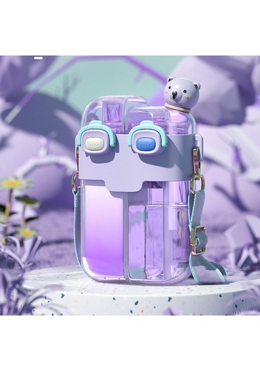 Kawaii Su Şişeleri Samanlı, Moda Plastik Çift İçme Suyu Şişesi Spor Fitness Gym Camping Lavanta 780ml İçin Ayarlanabilir Kayış Gül Kırmızı