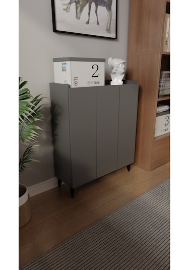 İliana 3 Kapaklı 4 Raflı Çok Amaçlı Dolap, Banyo Dolabı, Mutfak Dolabı Antrasit Antrasit