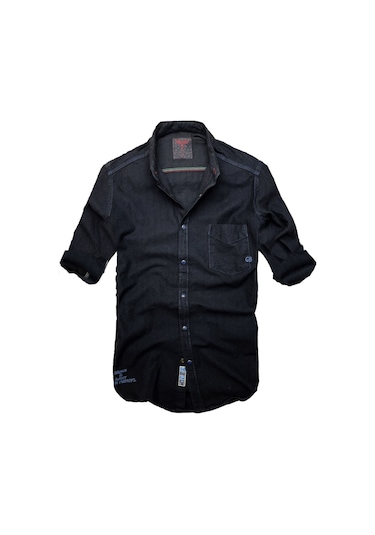 Slim Fit Saf Pamuk Denim Kumaş Kot Gömlek--koyulacivert--- Renkli