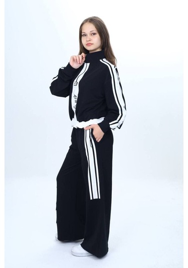 Kız Çocuk 2 İplik Yarım Fermuarlı Garnili Eşofman Takımı %100 Pamuk Rahat Kalıp-325 Siyah