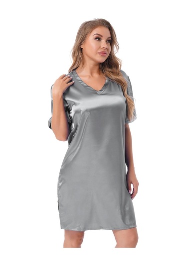 Kraliyet Mavisi Kadınlar Katı Renk Saten Gecelik Yumuşak Rahat Pijama Gecelik Kraliyet Mavisi