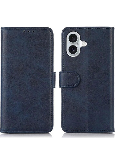 İphone Uyumlu 16 Plus Kılıf Pu Deri Çanta İnek Derisi Doku Standı Telefon Kılıfı