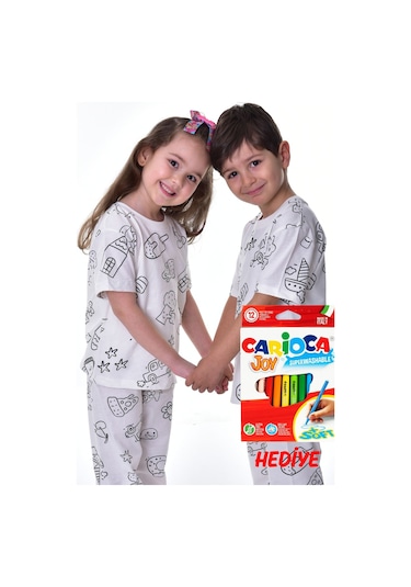 Zuzunga En Sevimli Figürler Özel Kalemi İle Boyanabilir Çocuk Pijama Takımı 12'li Kalem Seti Hediye Beyaz