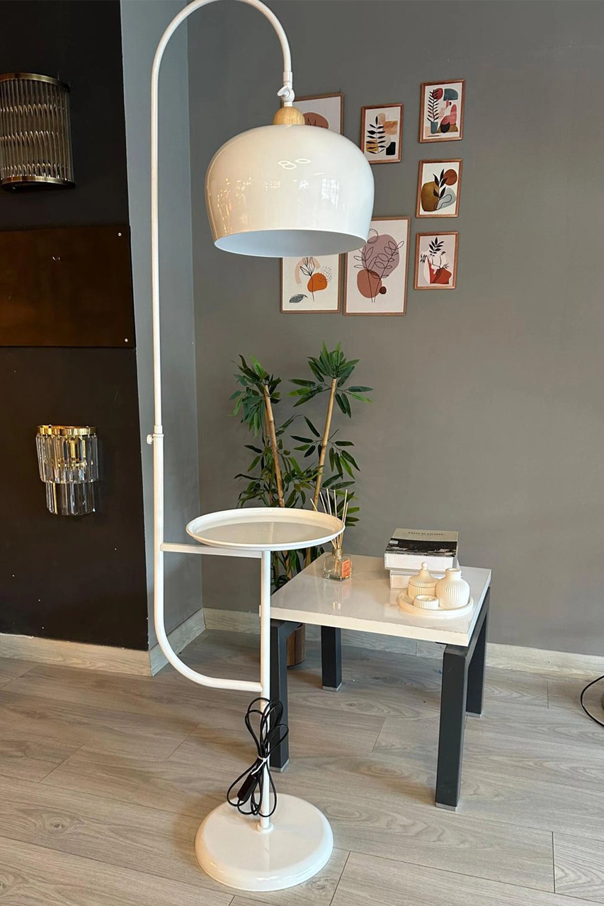 Lambader Beyaz Hareketli Başlık Sehpalı Modern Dekoratif Metal Oturma Odası Çalışma Odası Zemin Beyaz