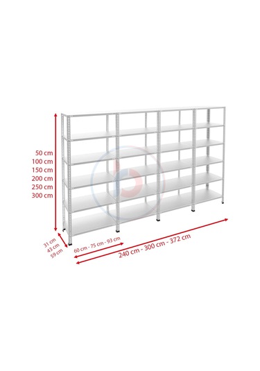 Rafburada 6 Katlı 4'lü Galvaniz Çelik Raf - Depo, Arşiv, Kiler, Dosya, Market Rafı-59x75 cm-250 cm-1.50 mm