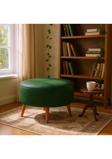 Large Büyük Yuvarlak Modern Puf - 60 Cm - Deri Kumaş - Yeşil