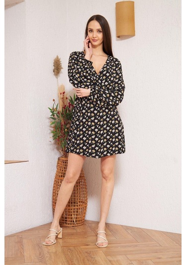 Siyah Çiçek Desenli Elbise Dm1025