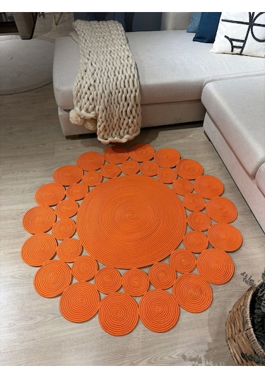 Mavaux Turuncu Hasır Jüt Çiçek Desenli Kilim Halı Turuncu