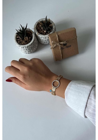 Allmisse Altın Kaplama Çeyrek Altın Takılan Yaprak Desenli Çelik Kelepçe Bileklik - Altın