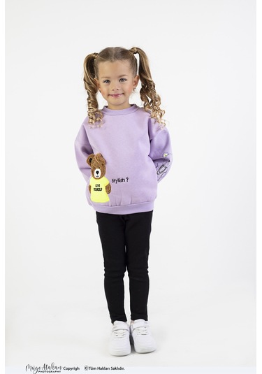 Kız Çocuk Orta Kalınlıkta Baskılı Örme Basic Taytlı Alt Üst Takımı Lila