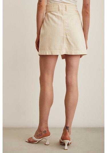 Never More Düğmeli Gabardin Etek Bej