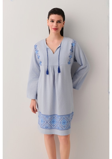 Suwen Etamine Kısa Plaj Elbisesi Sba25480015 Mavi