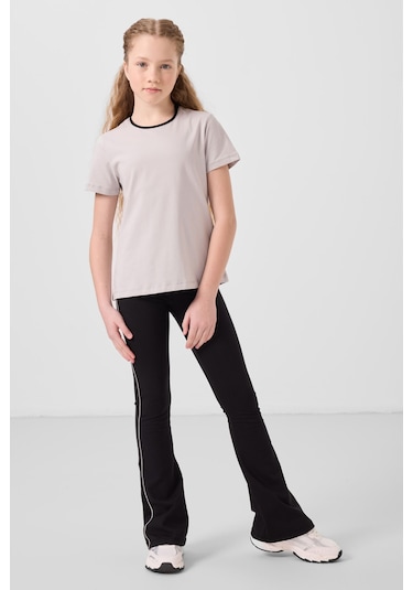 Taş-siyah Pamuklu O Yaka Standart Fit Basic İspanyol Paça Kız Çocuk Tayt Takım - 75192 Taş