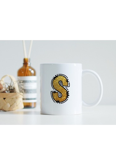 S Harfi Gold Simli Kupa Işıltılı Alfabe Harf Tasarımlı Kahve Kupası - Kişiye Özel Hediye Beyaz