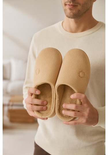 Velvet Erkek Ev Terliği Ses Yapmayan Taban Yünlü Terlik Bej