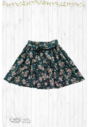 Papatya Desenli Çocuk Etek - Koyu Yeşil Pamuklu Viskon Kumaş Papatya Yeşil