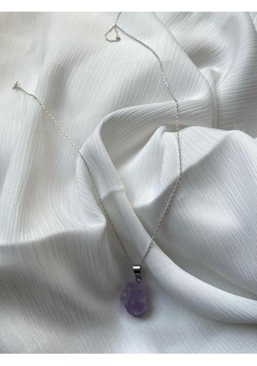İlknur Doğal Taş Evi Ahşap Kutulu Ametist Gümüş Kolye