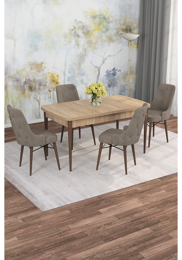 Mona Meşe 80x132 Açılabilir Mdf Masa Yemek Odası Takımı, Mutfak Takımı 4 Adet Sandalye Meşe Masa - 4 Cappuccino - Ceviz Ayak