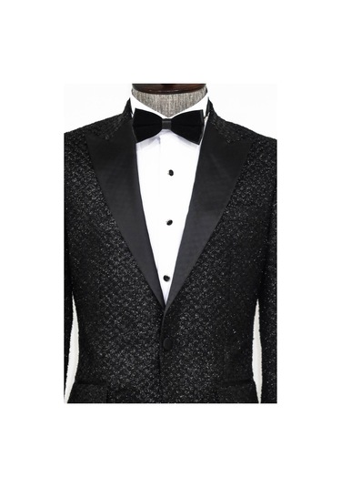 Wessi Kareli Desenli Simli Siyah Erkek Smokin Ceket Siyah