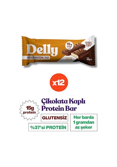 Delly Karamel Aromalı Çikolata Kaplı Yüksek Protein Bar 12 x 40 G
