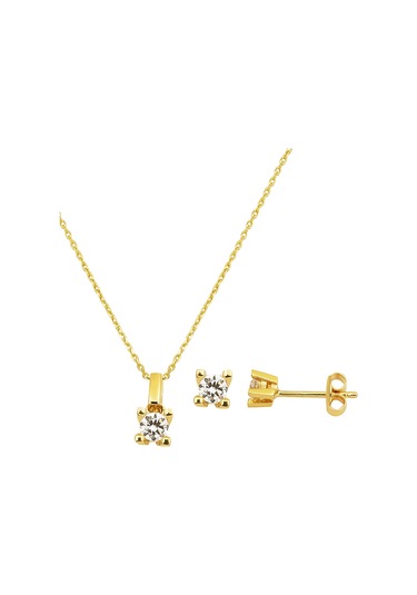 Bilezikci 14 Ayar Klasik Tektaş Altın Kolye Küpeli Set