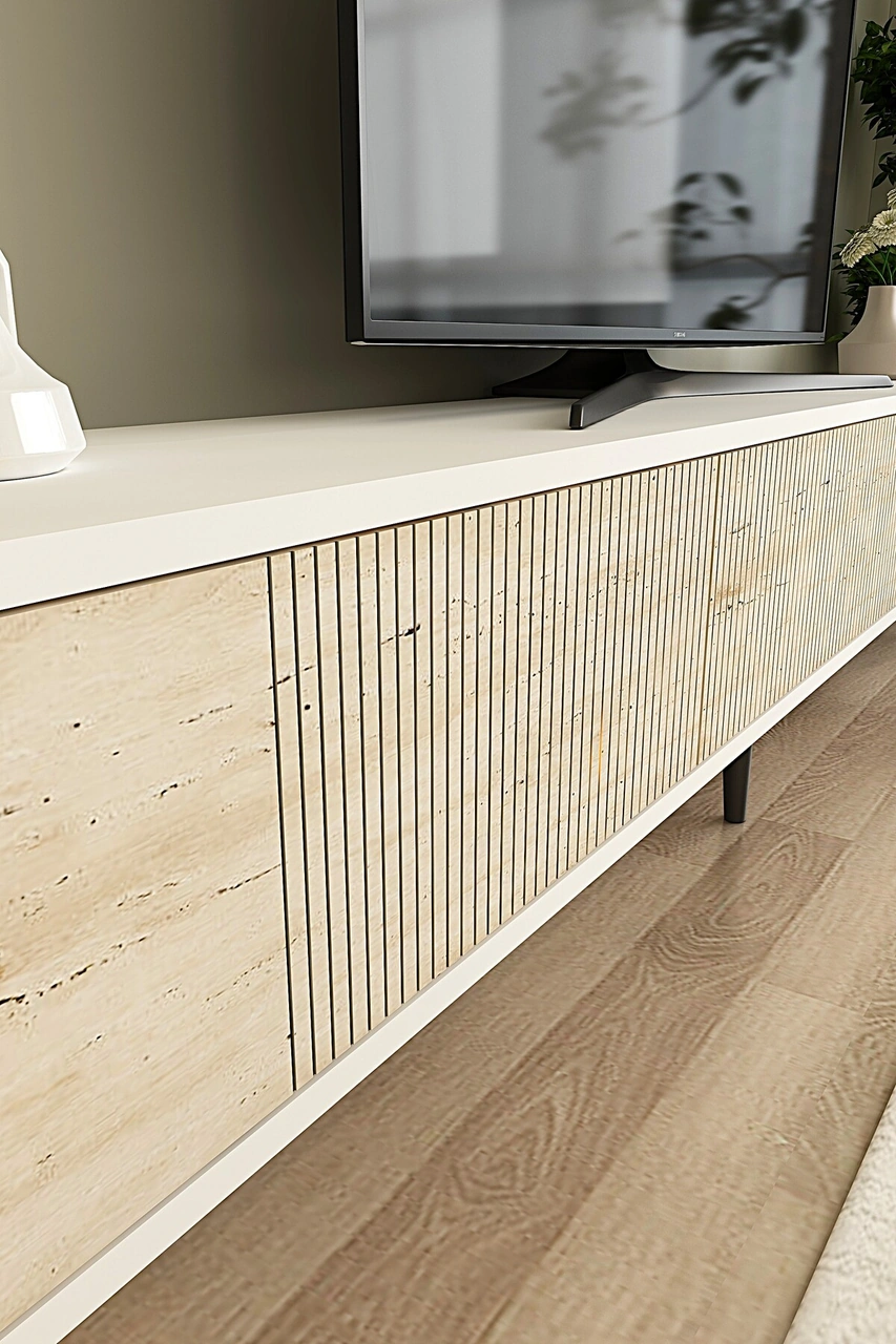 Tsa1803bt - Corsa180 Tv Stand, Tv Sehpası Beyaz-traverten Kapaklı 180cm Beyaz