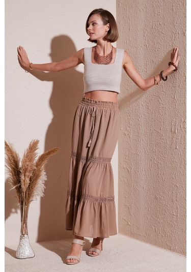 Lela Güpürlü Beli Lastikli Uzun Bayan Etek 611Et0106 Camel