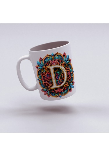D Harfi Boho Bardak, Renkli Özel Tasarım Hediyelik Harfli Kupa, 330ml Porselen Beyaz