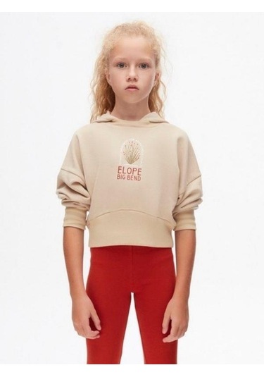 Kız Çocuk Pamuklu Orta Kalınlık Kapüşonlu Crop Sweatshirt-14707 Vizon