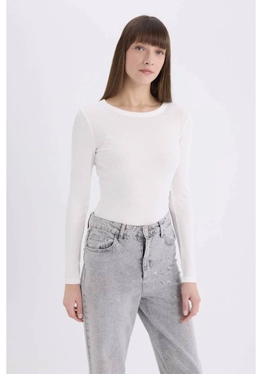 Defacto Slim Fit Basic Fitilli Kaşkorse Ekru Kadın Uzun Kollu T-shirt E5767ax/er105 Ekru