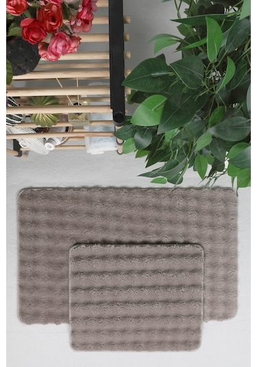 Modern Bubble Yıkanabilir Kaymaz Peluş Banyo Paspası Halısı 2'li Klozet Takımı 50x80-50x40cm Vizon