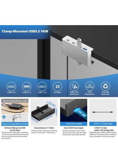 Sones Hcl-4a-pro Alüminyum Alaşımlı 4 Portlu Usb3.0 Kelepçe Hub'ı Siyah