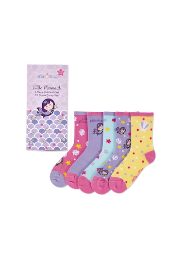 Milk&moo Küçük Deniz Kızı Çocuk 5'li Çorap Seti, Beden 27-30, Yumuşak Ve Cilt Dostu Mor - Pembe